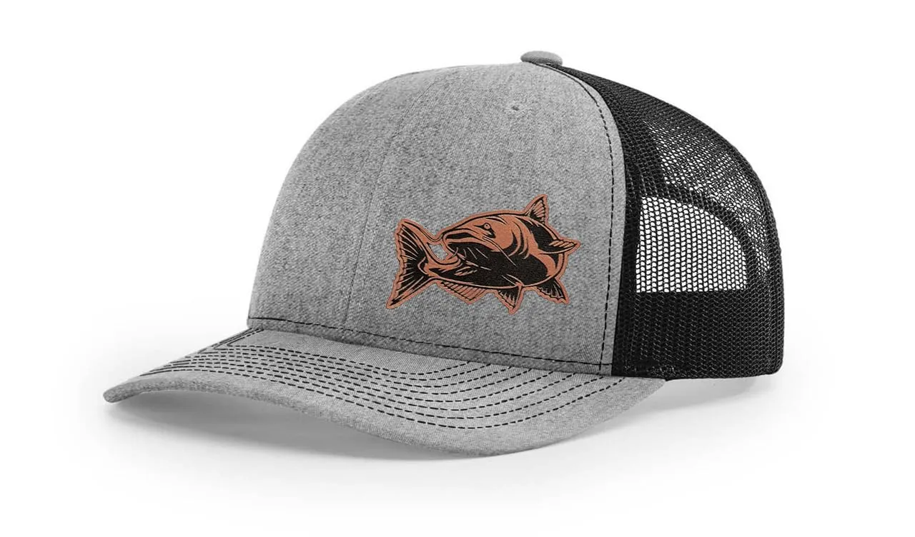 Catfish Fishing Hat with Laser Engraved Leather Patch, Adjustable Snapback Trucker Cap