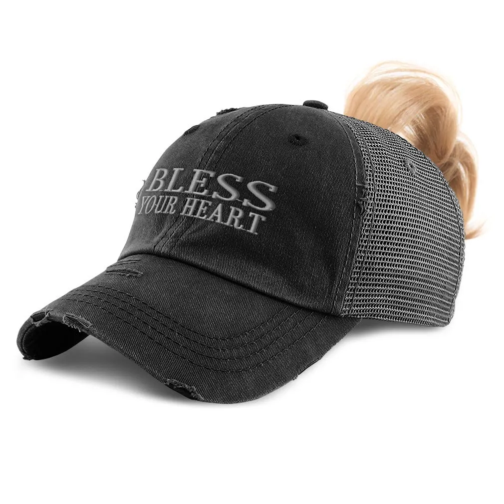 Custom Women's Ponytail Cap - Bless Your Heart Embroidery Distressed Trucker Hat