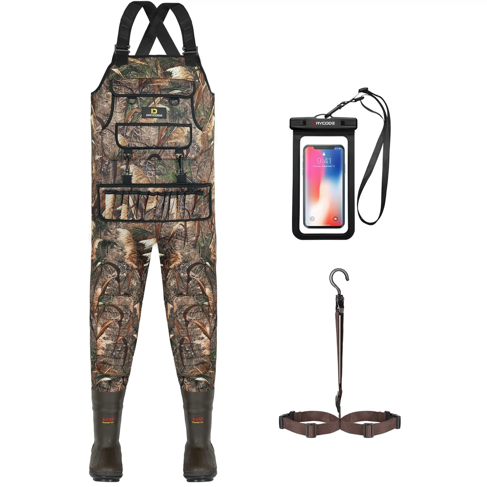 DRYCODE Men's Chest Waders with 1600g Insulated Boots, Waterproof & Fleece-Lined for Hunting