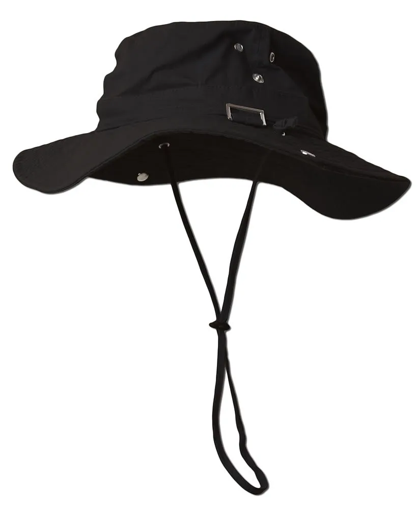 Fishing Drawstring Boonie Hat with Top Side Buckle for ID, Black Small/Medium