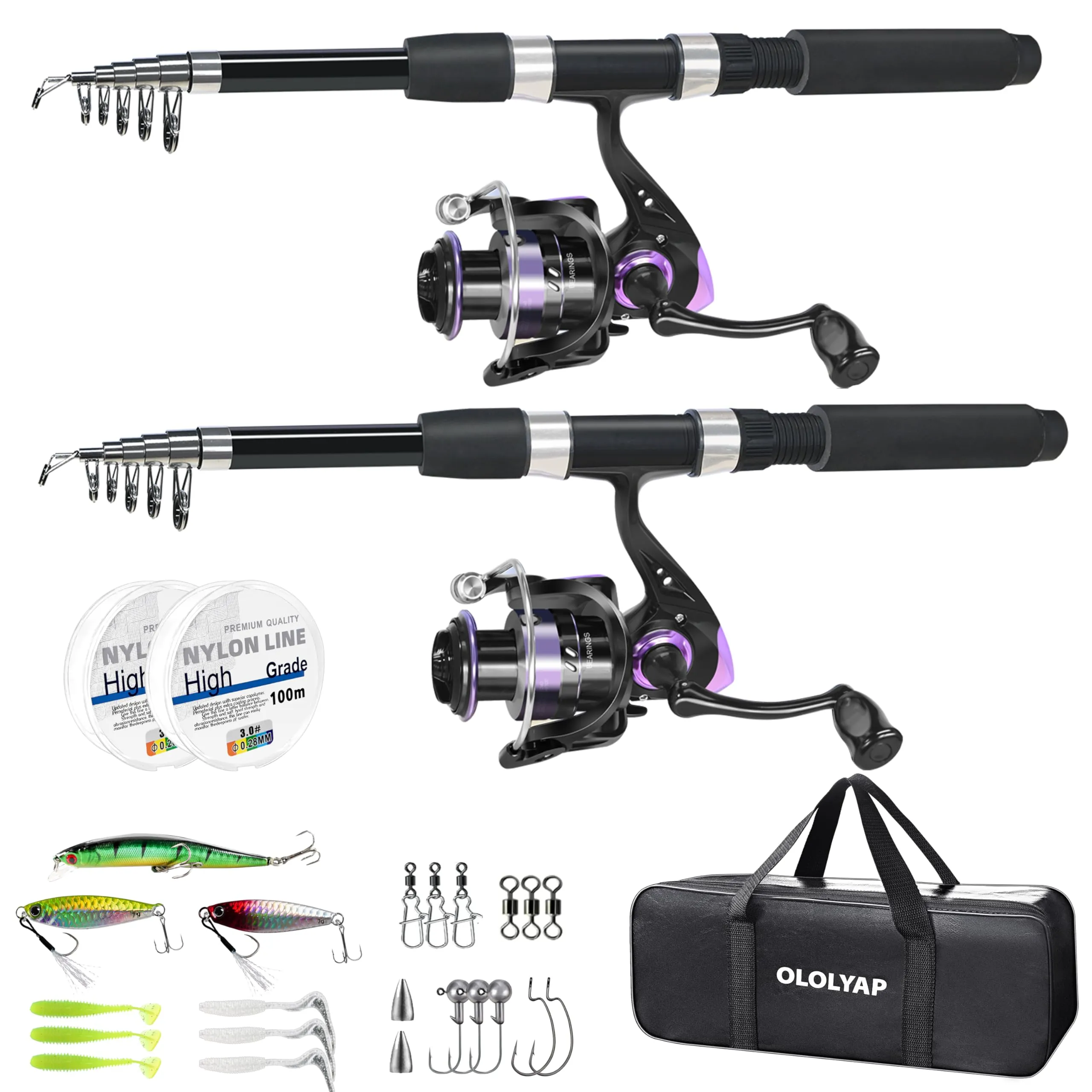 Fishing Pole Combo 6.89ft Telescopic Rods & Aluminum Reel Kit with Lures, Carrier Bag