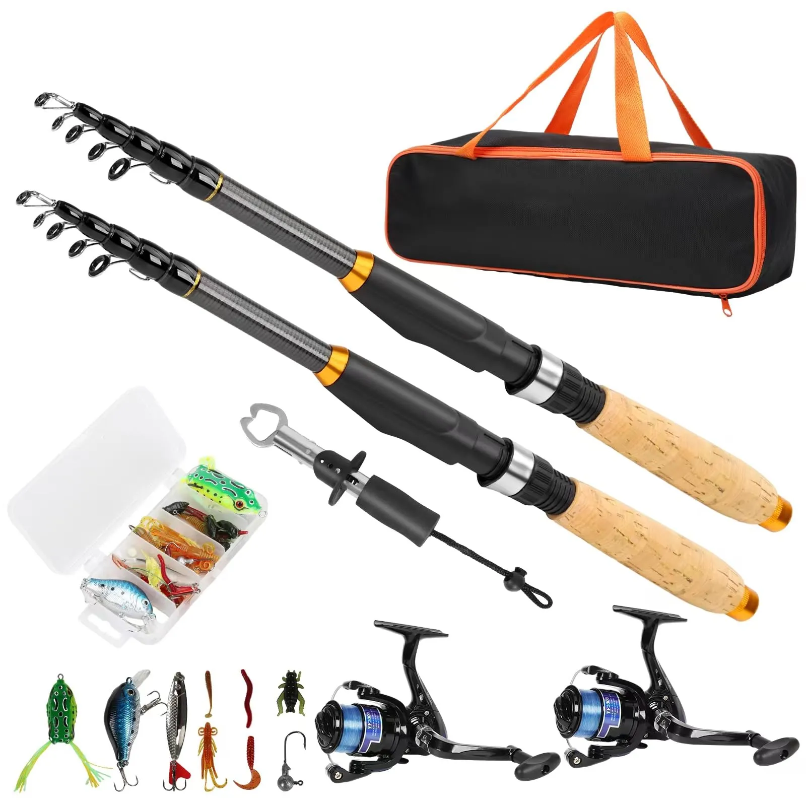 Fishing Pole Set, 2PACK Collapsible Rod with Spinning Reel, Lures, Gripper & Tackle Bag