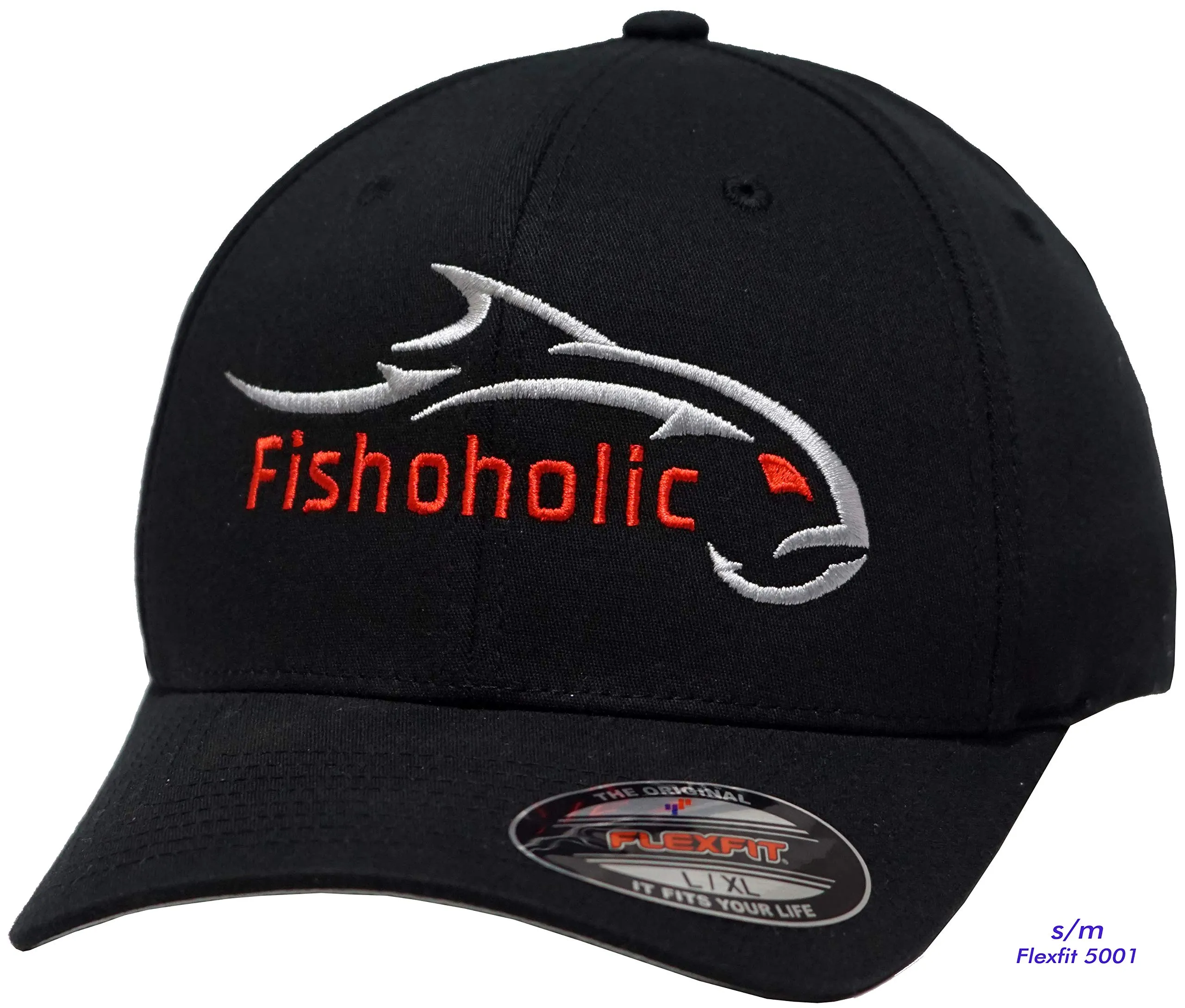 Fishoholic Flexfit Baseball Fishing Hat - Embroidered Logos, S/M & L/XL, Perfect Fishing Gift