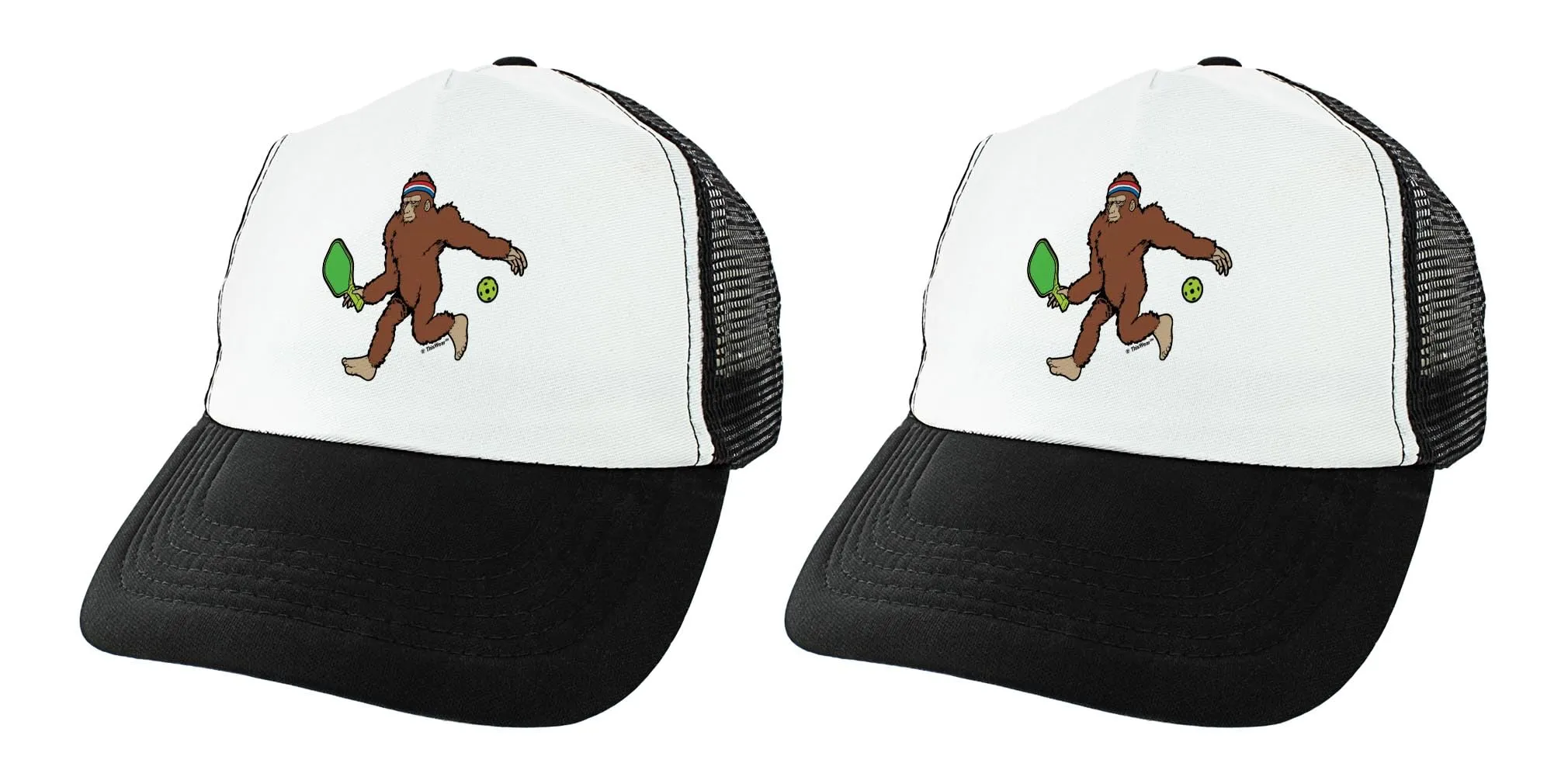 Funny Pickle Sasquatch T-Rex Playing Pickleball Trucker Hat - Adjustable Snapback, Black