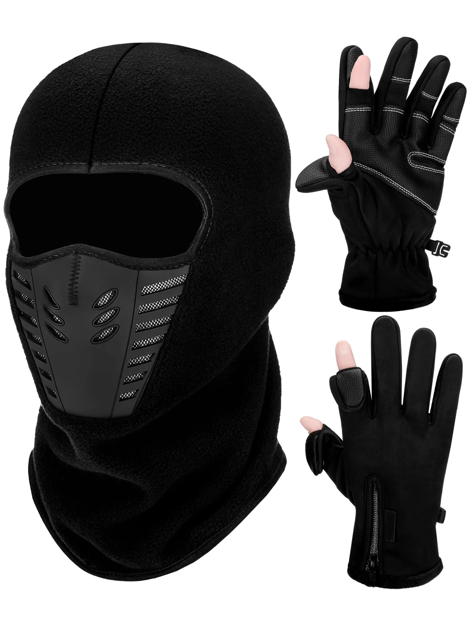 Geyoga Winter Fishing Gloves & Balaclava Set - Large, Windproof, Waterproof, Touchscreen, Black