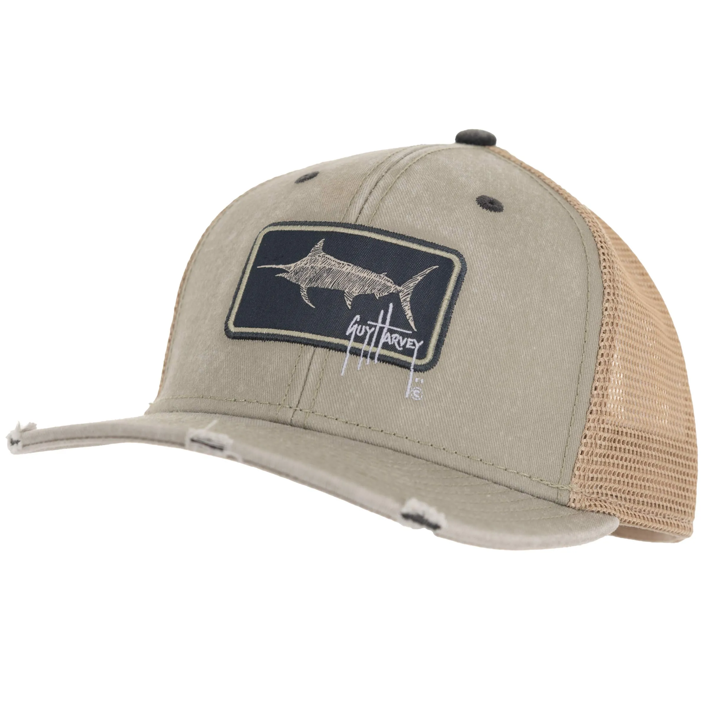 Guy Harvey Men's Chambray Trucker Hat, Dove/Billfish Patch, Adjustable Fit and Breathable Mesh