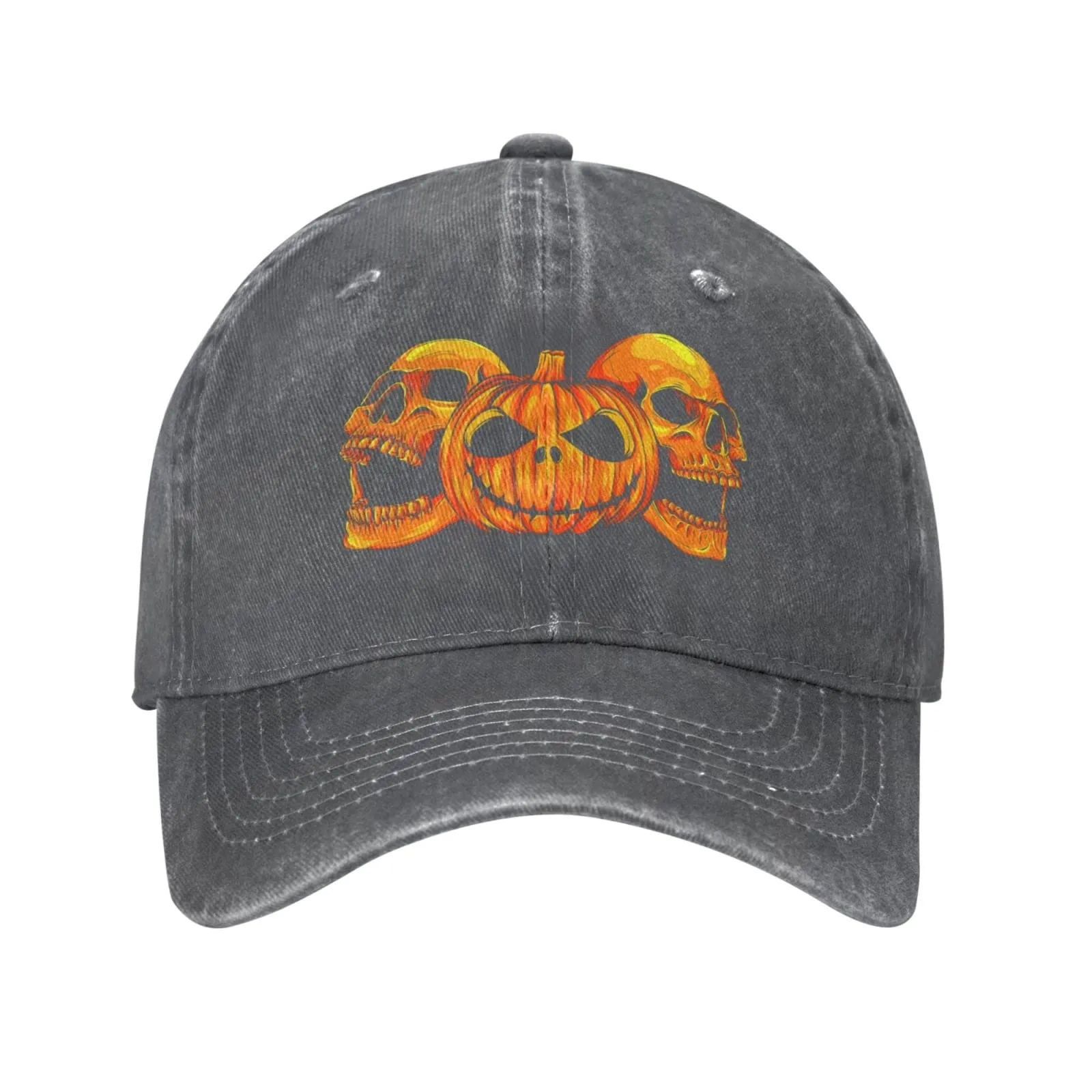 Halloween Pumpkin Skulls Distressed Adjustable Washed Denim Dad Trucker Hat for Men