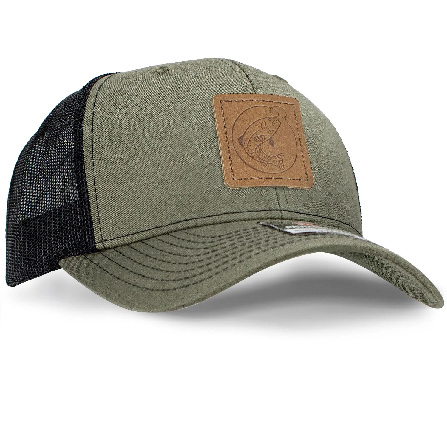 Leather Patch Trucker Hat - Full-Grain Leather, Machine-Stitched, Adjustable Snapback, Stylish Fishing Cap