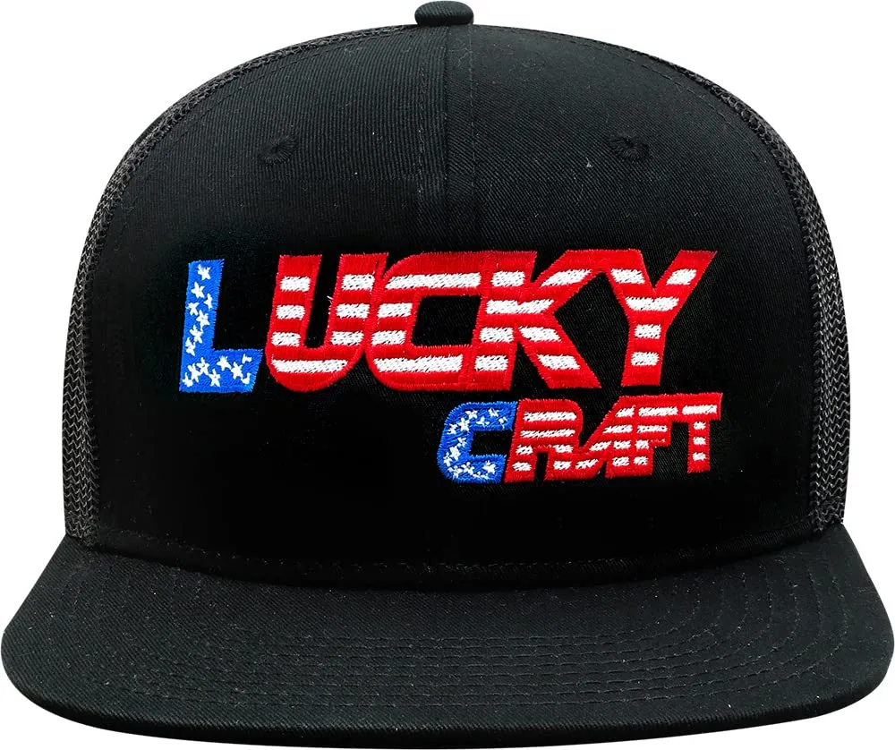 LUCKY CRAFT Adjustable Fishing Cap - Black with USA Flag, Cotton-Polyester Blend, Embroidered