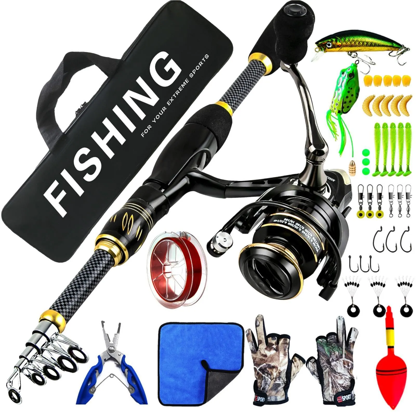 RCIDOS Fishing Pole Combo with Telescopic Rod, Spinning Reel, and Travel Carrier Bag