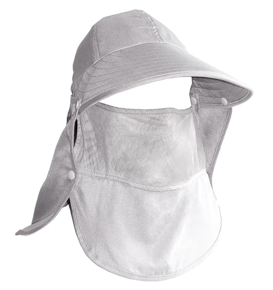 Silver EMF-Protective Sun Hat with Removable Face Covering, Cotton Pouch, Wide Brim, Breathable