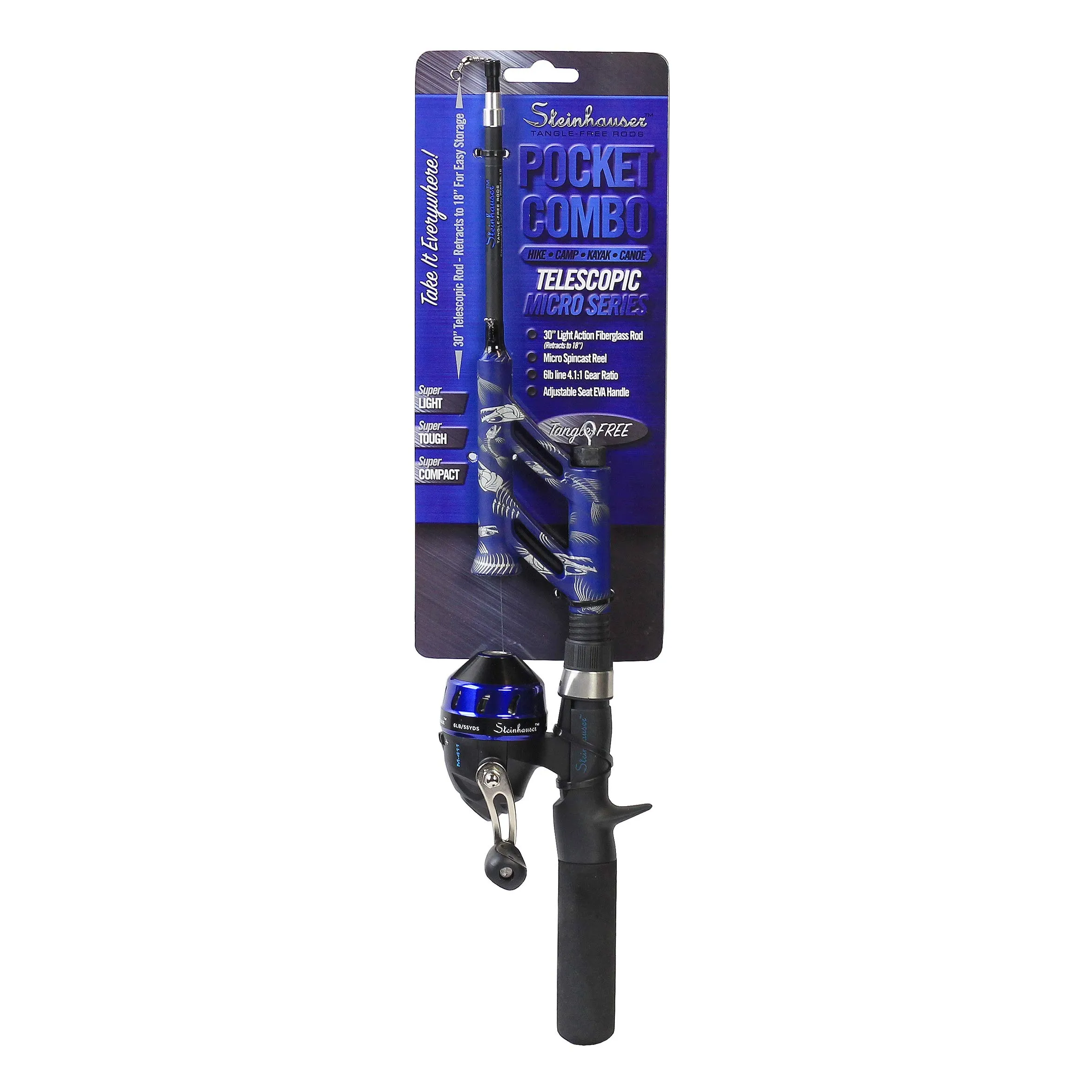 Steinhauser Pocket Combo Micro Series Blue - Tangle-Free 30' Fiberglass Rod, Adjustable Seat