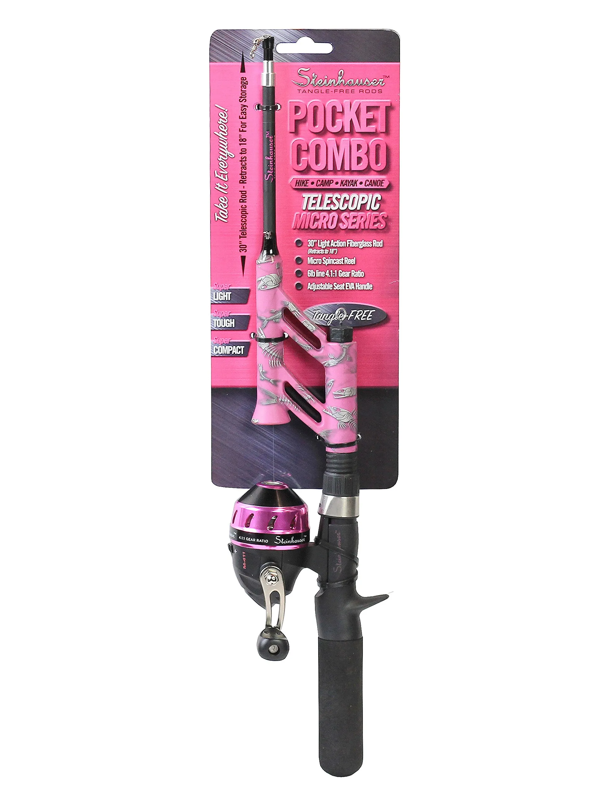 Steinhauser Tangle-Free Pocket Combo Telescoping Fishing Pole, Adjustable Lightweight Rod, Pink