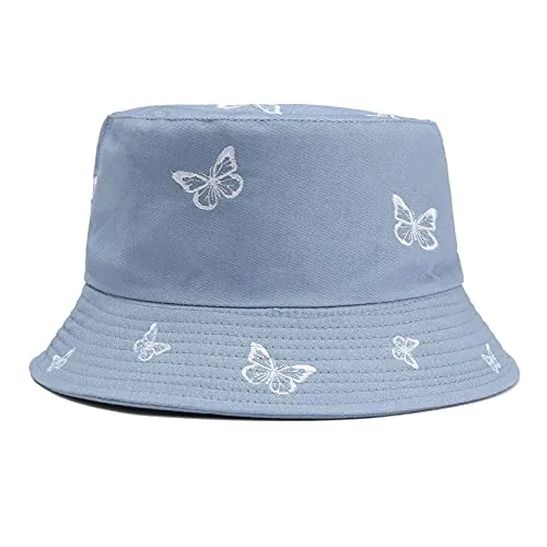 Women Butterfly Embroidery Packable Fisherman Hat - Wide Brim UV Protection Sun Hat