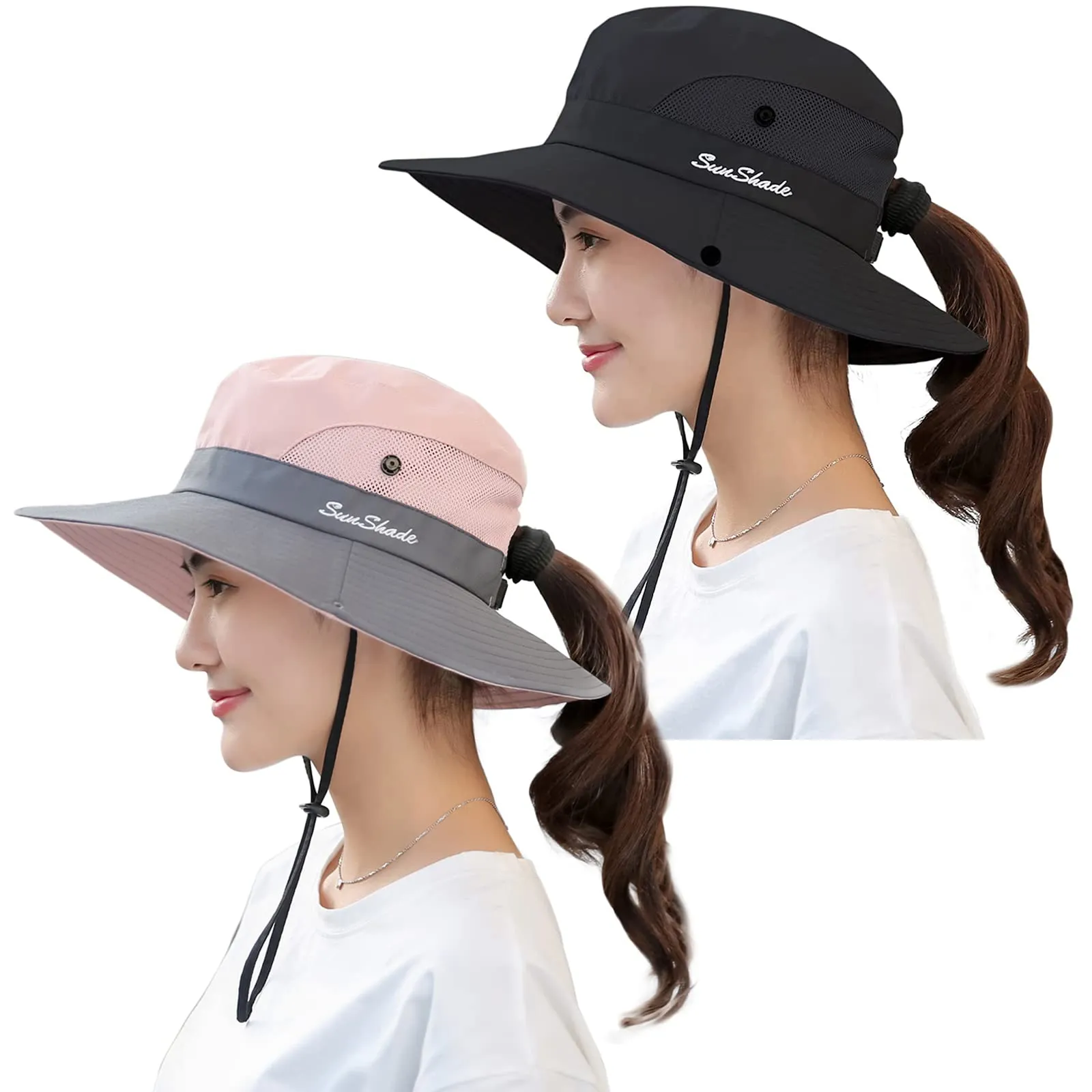 Women's Ponytail Sun Hat UV Protection Foldable Mesh Wide-Brim Beach Fishing Hat