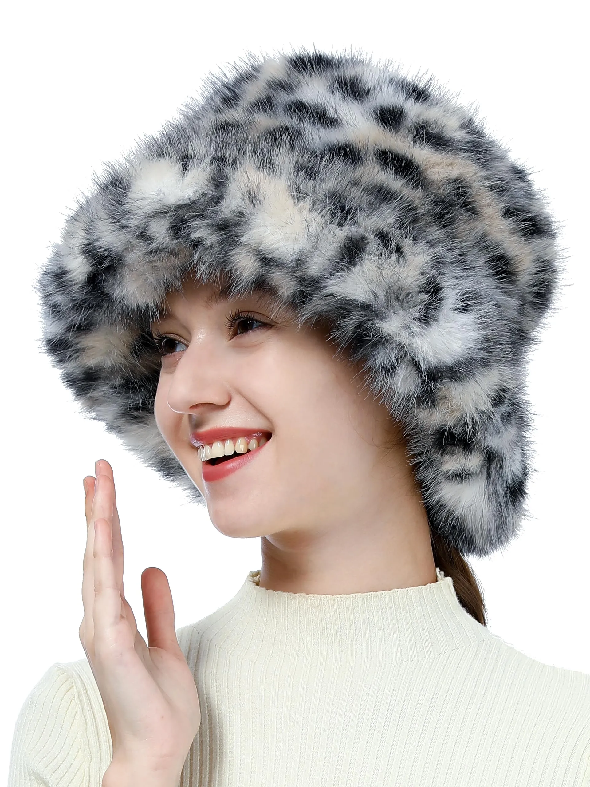 Women's Winter Faux Fur Bucket Hat - Fluffy Warm Leopard Print Fisherman Cap