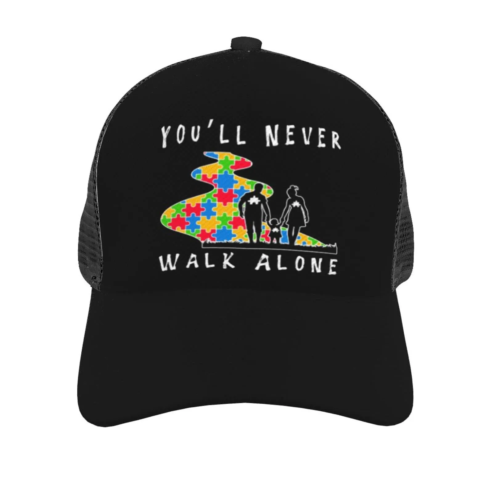 You'll Never Walk Alone Puzzle Pieces Autism Awareness Trucker Hat, Adjustable Baseball Cap